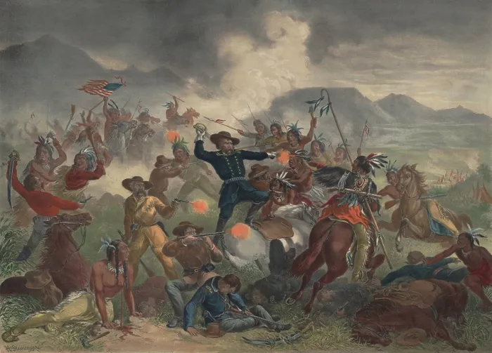 Framed Print : GENERAL CUSTER'S DEATH STRUGGLE. THE BATTLE OF LITTLE BIG HORN. Color lithograph after a painting by S.H. Redmond. Gen Framed Print : GENERAL CUSTER'S DEATH STRUGGLE. THE BATTLE OF LITTLE BIG HORN. Color lithograph after a painting by S.H. Redmond. Gen