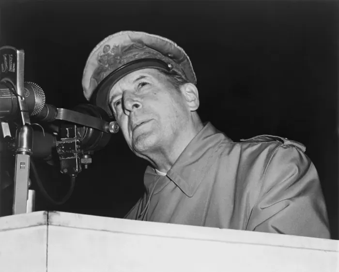Framed Print : General Douglas MacArthur addressing an audience of 50, 000 at Soldier's Field, Chicago on April 26, 1951