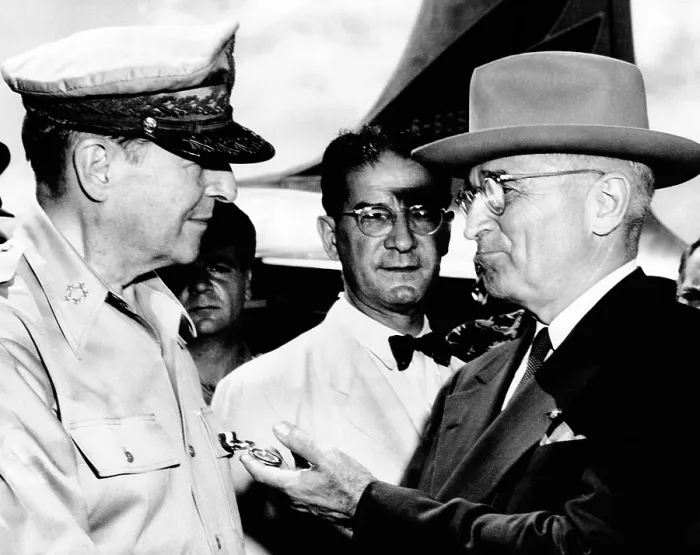 Framed Print : General Douglas MacArthur and President Harry Truman meet at Wake Island on Oct. 14, 1950