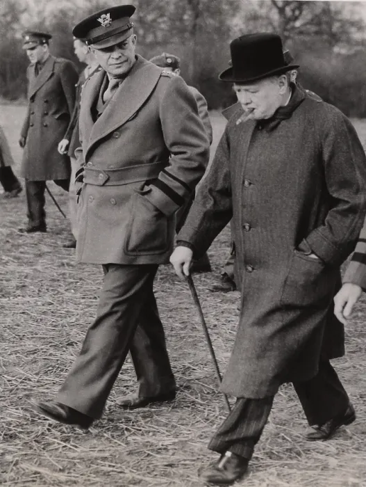 Framed Print : General Dwight Eisenhower, and Prime Minister Winston Churchill inspect a U.S. glider and paratroop invasion demonstration prior to the D-Day invasion of Normandy in 1944