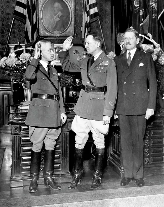 Framed Print : General Edward A. Kregar (left) swearing in General Douglas MacArthur (center), as Army Chief of Staff at the War Department Building. Secretary of War Patrick J