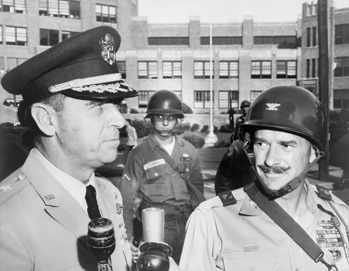 Framed Print : General Edwin Walker (left) with Col. William Kuhn outside Central High School, Little Rock. Sept. 25, 1957