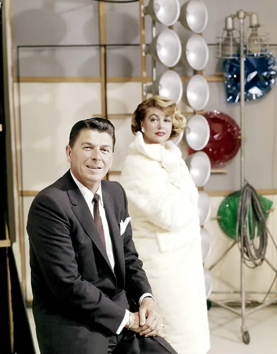 Framed Print : GENERAL ELECTRIC THEATER, from left, host Ronald Reagan, guest star Dorothy Malone, The Clown, aired March 27, 1955 Framed Print : GENERAL ELECTRIC THEATER, from left, host Ronald Reagan, guest star Dorothy Malone, The Clown, aired March 27, 1955