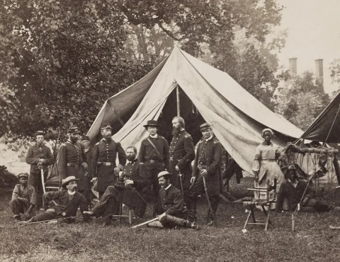 Framed Print : General Fitz John Porter sits on a chair with his staff in front of a tent at headquarters, Westover Landing, Va. July 16, 1862 Framed Print : General Fitz John Porter sits on a chair with his staff in front of a tent at headquarters, Westover Landing, Va. July 16, 1862