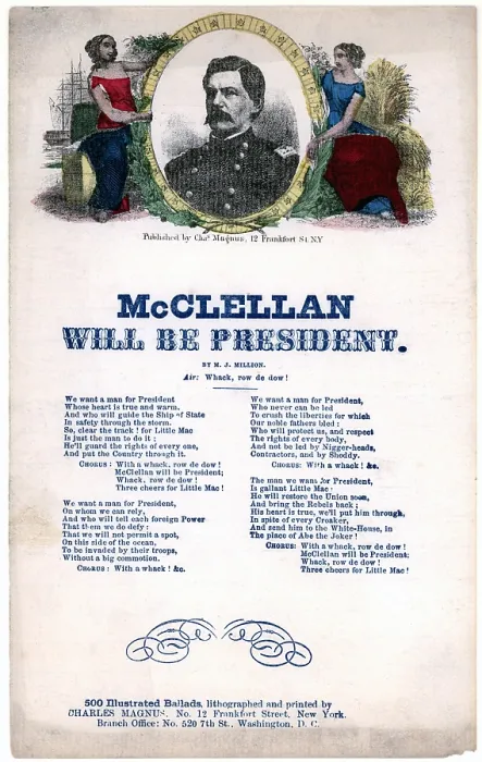 Framed Print : General George B. McClellan. McClellan will be president, woodcut portrait, sheet music ca. 1864 Framed Print : General George B. McClellan. McClellan will be president, woodcut portrait, sheet music ca. 1864
