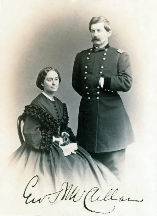 Framed Print : General George B. McClellan and his wife, Ellen Mary Marcy. Carte de visite signed by Gen. McClellan, 1862