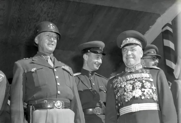 Framed Print : General George S. Patton (left) and Soviet Marshall Gregory Zhukov review troops in Berlin Framed Print : General George S. Patton (left) and Soviet Marshall Gregory Zhukov review troops in Berlin