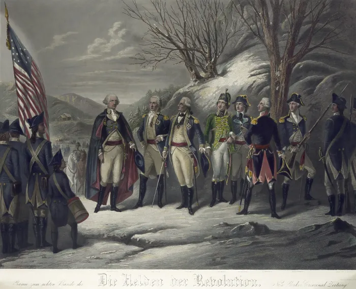 Framed Print : General George Washington standing with European Generals who fought with the Patriots in the American Revolution