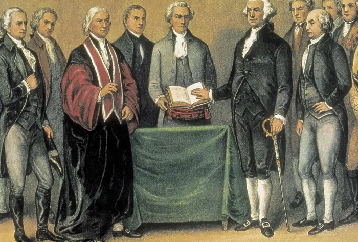 Framed Print : General George Washington swearing in as President at the old city hall of New York. Lithography of 1789. Litography. AISA / Everett Collection**US SALES ONLY**