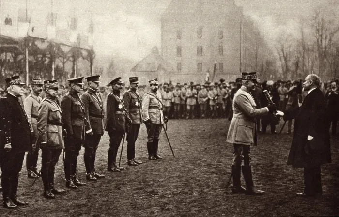 Framed Print : General Henri Petain being presented with the Marshall's Baton on Nov