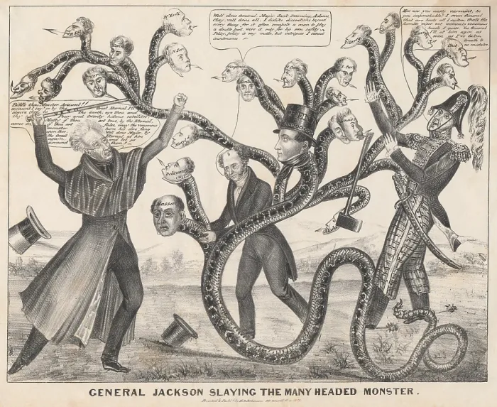Framed Print : General Jackson slaying the many headed monster 1836. This cartoon is about President Andrew Jackson's war against the Bank of the United States Framed Print : General Jackson slaying the many headed monster 1836. This cartoon is about President Andrew Jackson's war against the Bank of the United States