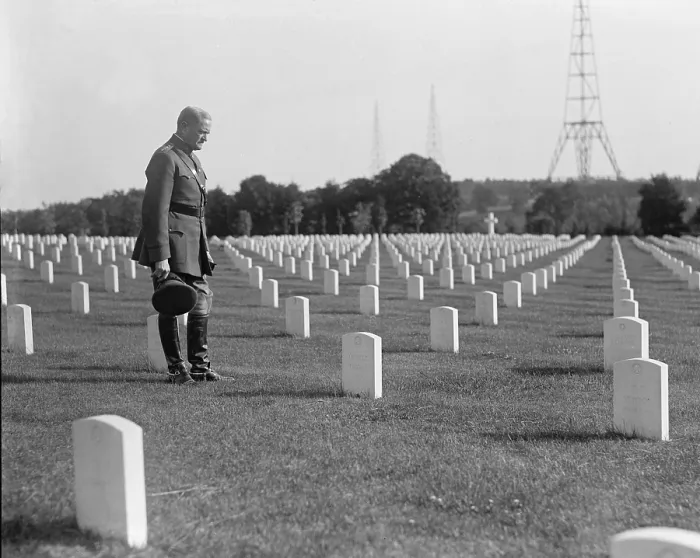 Framed Print : General John 'Black Jack' Pershing (1860-1948) standing among the graves of World War 1 dead at Arlington National Cemetery, May 1925 Framed Print : General John 'Black Jack' Pershing (1860-1948) standing among the graves of World War 1 dead at Arlington National Cemetery, May 1925