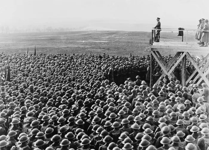 Framed Print : General John Pershing, on reviewing stand addressing the men of the 4th Div. in Kaisersech, Rhenish Prussia, Germany, Mar. 18, 1919