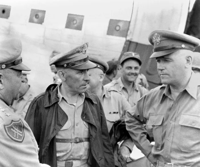 Framed Print : General Lawton Collins (right), U.S. Chief of Staff, arriving in South Korea. At left are General Walton Walker and Brig. Gen. John Church. July 1950. Korean War, 1950-53