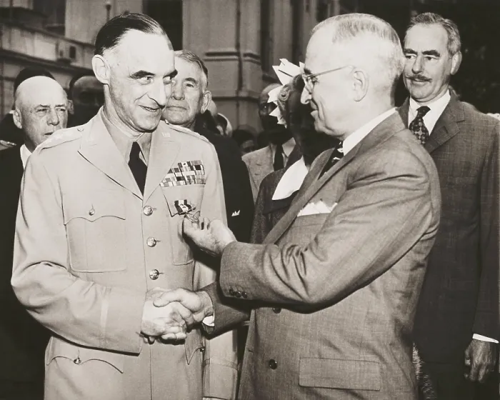Framed Print : General Lucius Clay after receiving the Oak Leaf Cluster medal from President Harry Truman. Clay orchestrated the Berlin Airlift (1948-1949) when the USSR blockaded West Berlin