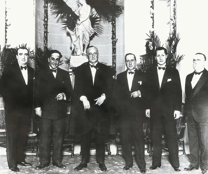 Framed Print : General Miguel Primo de Rivera (third, left), his son hijo Jos Antonio (second, right) together with the writers Antonio Machado (second, izquierda) and his brother Manuel (third)