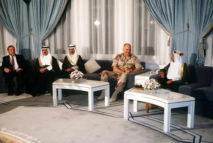 Framed Print : General Norman Schwarzkopf visits with Shaikh Isa Bin Sulman Al-Khalifa the emir of Bahrain and other Bahraini dignitaries