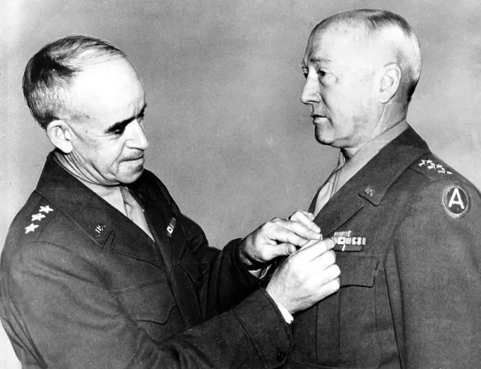 Framed Print : General Omar N. Bradley pins Bronze Cluster on the lapel of Lt. General George S. Patton, 1945. Courtesy: CSU Archives  /  Everett Collection