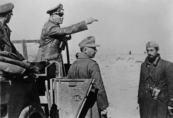 Framed Print : General Rommel standing in jeep in the North African desert, Feb. 1-10, 1942. World War 2. Rommel's German-Italian forces were resupplied with tanks and fuel in January 1942
