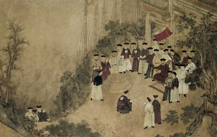 Framed Print : General Shi Lang with Company Officials at a Well on the Sea, by Anonymous Chinese artist, 18th century
