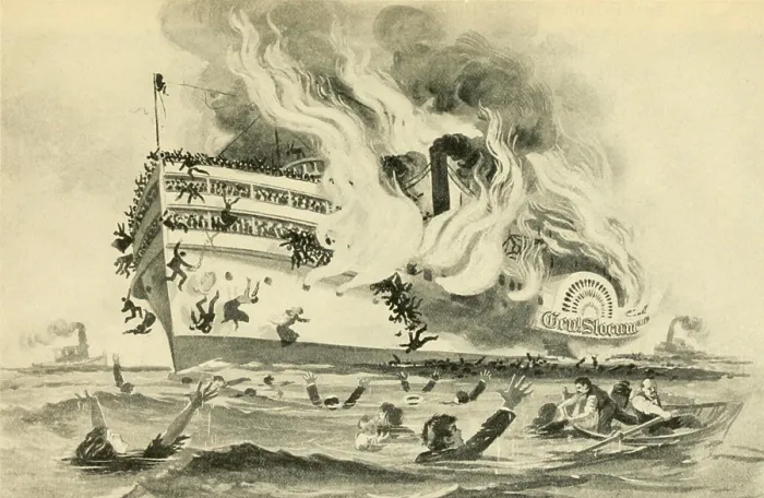 Framed Print : GENERAL SLOCUM excursion boat disaster in New York City, June 15, 1904. Women and children jump off the burning boat into the East River, where most drowned (BSLOC_2017_17_110)