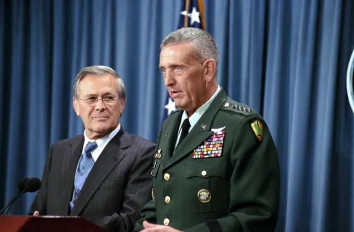 Framed Print : General Tommy Franks Commander of U.S. Central Command in Afghanistan alongside Secretary of Defense Donald Rumsfeld speaks during a press briefing on Aug