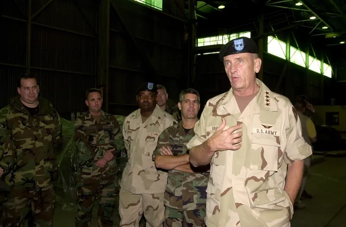 Framed Print : General Tommy Franks Commander of U.S. Central Command in Afghanistan chats with U.S. Air Force troops deployed to Moron Air Base Spain on Nov