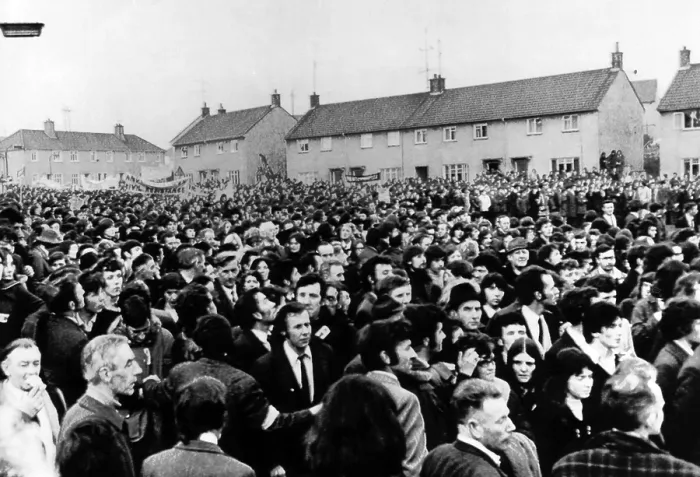 Framed Print : A general view of Irish demonstrators in the Derrybeg housing estate in Newry, Northern Ireland. July 21, 1972. Courtesy: CSU Archives / Everett Collection