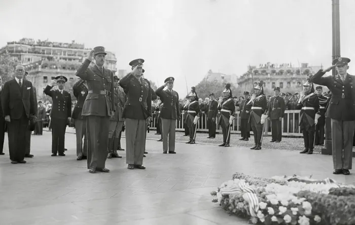 Framed Print : Generals Dwight Eisenhower and Charles de Gaulle salute the tomb of the Unknown Soldier in Paris. June 14, 1945. - (BSLOC_2014_15_237)
