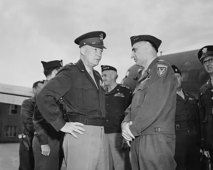 Framed Print : Generals Dwight Eisenhower and Lucius Clay at Gatow Airport in Berlin, during the Potsdam Conference. July 20, 1945. Clay would become U.S