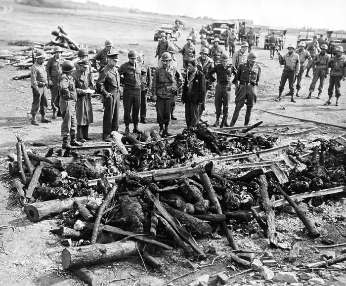 Framed Print : Generals Eisenhower, Bradley, Patton, and Eddy tour liberated Ohrdruf concentration camp. They view the charred remains of prisoners burned on a section of railroad track Framed Print : Generals Eisenhower, Bradley, Patton, and Eddy tour liberated Ohrdruf concentration camp. They view the charred remains of prisoners burned on a section of railroad track