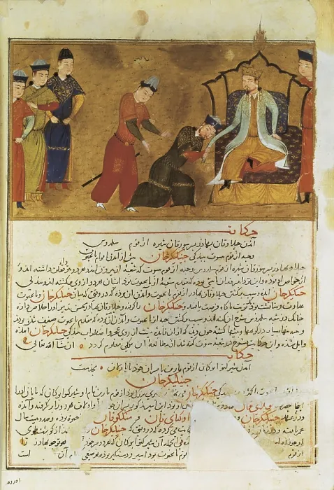 Framed Print : GENGIS KHAN (1162-1227). Emperor founder of the first Mongol Empire in 1206. Fol. 44v. Mongols tributing to Genghis Khan