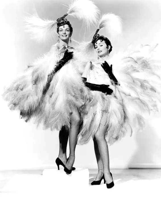 Framed Print : GENTLEMEN MARRY BRUNETTES, from left, Jane Russell, Jeanne Crain, in costumes by William Travilla, 1955