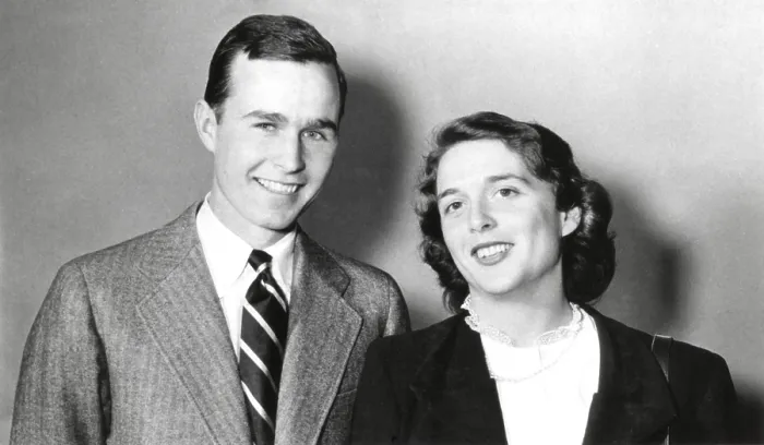 Framed Print : George Bush and Barbara Pierce met in December 1941, shortly after the US entered World War 2, when they were still in high school. She was 16 and he was 17