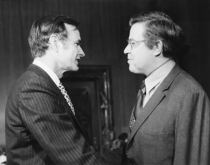 Framed Print : George Bush, President's Ford's nominee for CIA Director, and an opponent, Sen. Frank Church