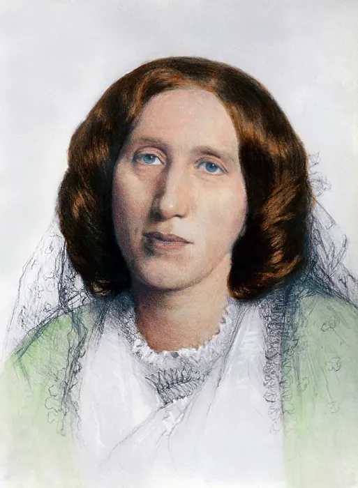 Framed Print : George Eliot (1819-1880) was born Mary Ann Evans, but wrote under a male name to gain acceptance denied many women writers. 1865 portrait by F.W.Burton with modern color
