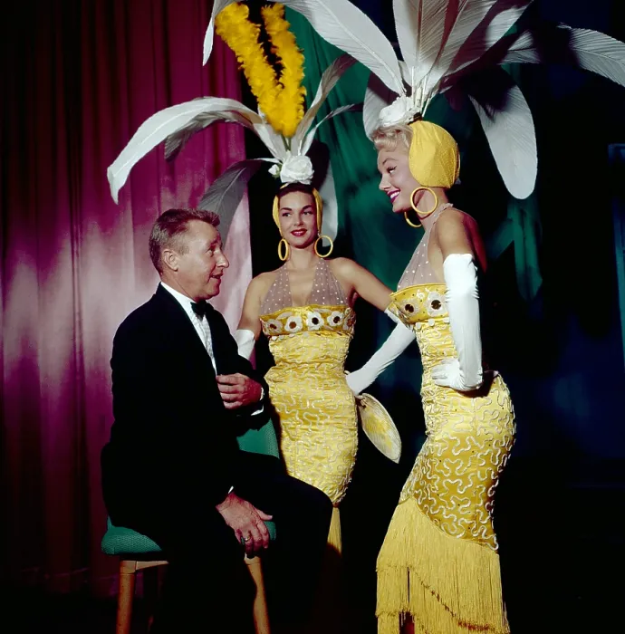 Framed Print : George Gobel (left) with showgirls in Las Vegas, where he is performing at the Riviera Hotel's Starlight Lounge, circa late 1950s Framed Print : George Gobel (left) with showgirls in Las Vegas, where he is performing at the Riviera Hotel's Starlight Lounge, circa late 1950s