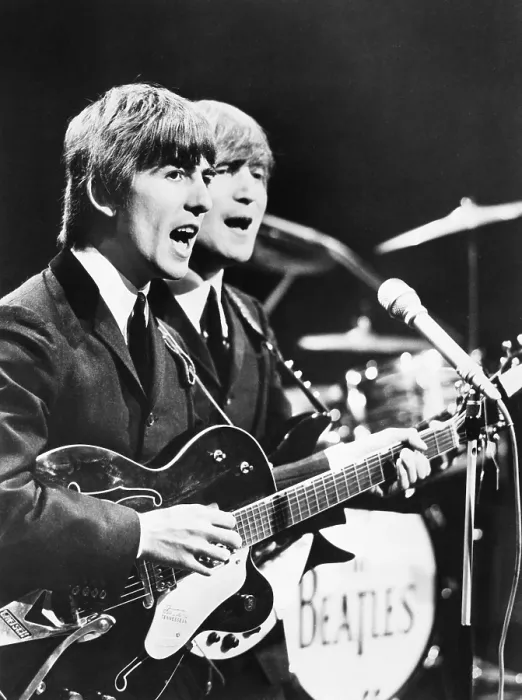 Framed Print : George Harrison (left) and John Lennon of the Beatles. Ca. 1964. (CSU_2015_7_276)