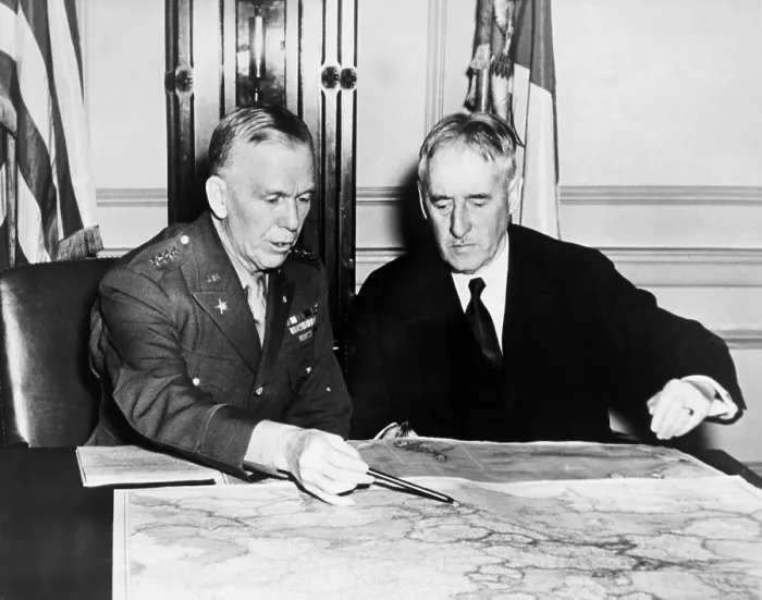 Framed Print : George Marshall, Chief of staff, and Henry Stimson, Secretary of War. Jan. 1942. They confer over a map of the European battle zones at the War Department. (BSLOC_2013_6_169) Framed Print : George Marshall, Chief of staff, and Henry Stimson, Secretary of War. Jan. 1942. They confer over a map of the European battle zones at the War Department. (BSLOC_2013_6_169)