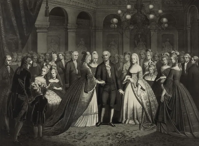 Framed Print : George and Martha Washington among guests at a reception in 1776 Framed Print : George and Martha Washington among guests at a reception in 1776