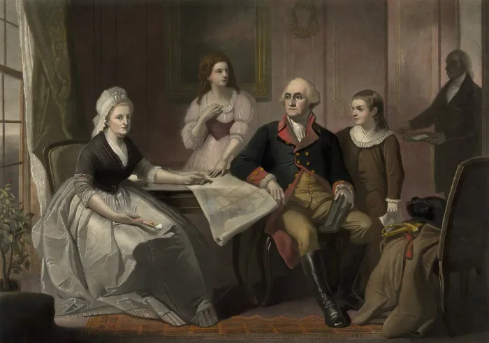 Framed Print : George and Martha Washington sitting at a table with their grandchildren, George Washington Parke Custis and Nelly Custis