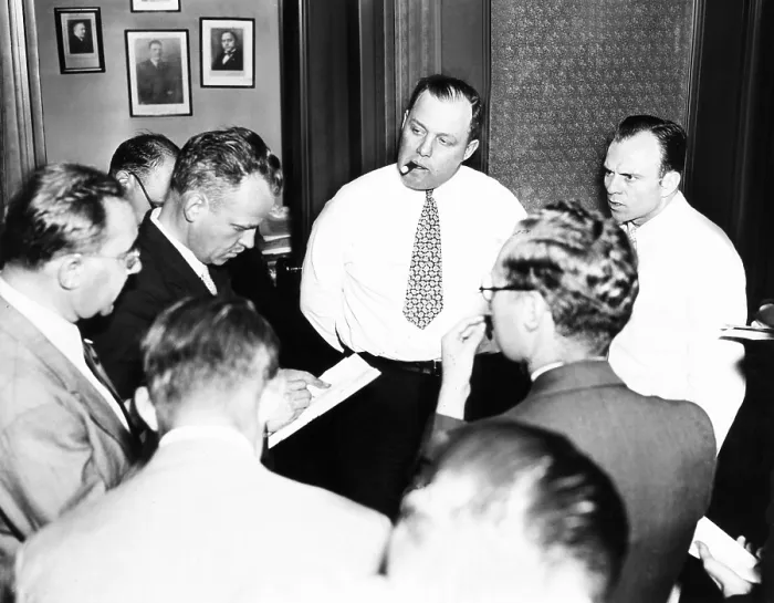 Framed Print : George Meany, discusses the WPA Strike with newsmen, Aug. 9, 1935. Meany did not know how many WPA workers were out on strike, which in fact was only a small percentage