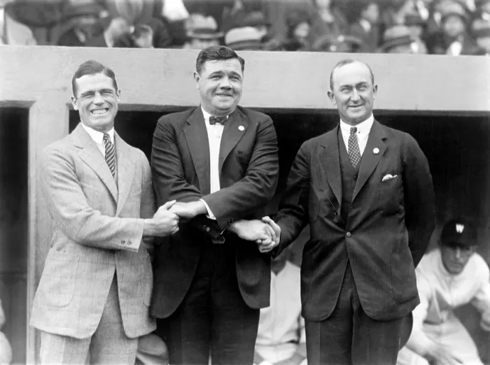 Framed Print : George Sisler, Babe Ruth and Ty Cobb shaking hands at the 1924 World's Series, 1924 Framed Print : George Sisler, Babe Ruth and Ty Cobb shaking hands at the 1924 World's Series, 1924