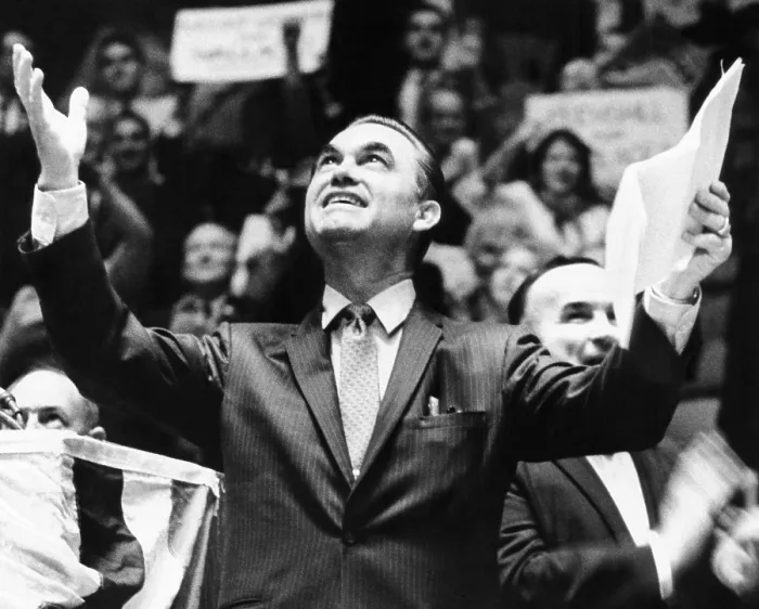 Framed Print : George Wallace acknowledges the cheers of supporters at Madison Square Garden Framed Print : George Wallace acknowledges the cheers of supporters at Madison Square Garden