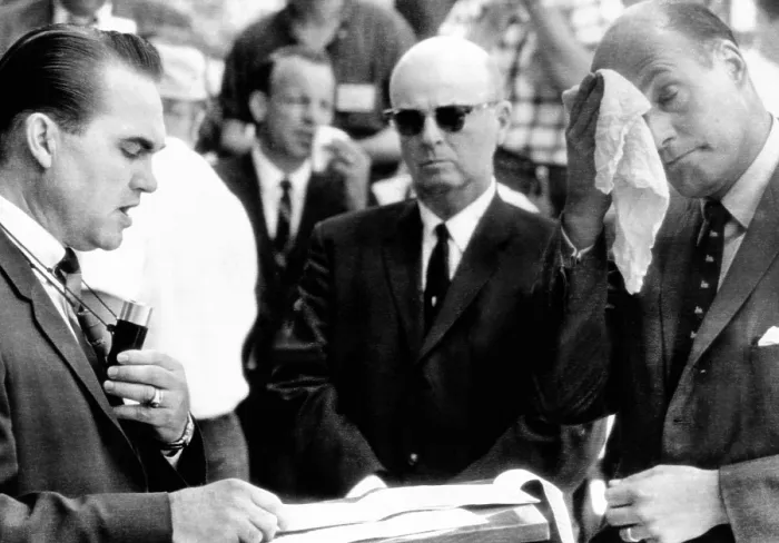 Framed Print : George Wallace (left) blocks integration of the University of Alabama. It was his symbolic last stand, as he made a short speech before yielding to Deputy U.S