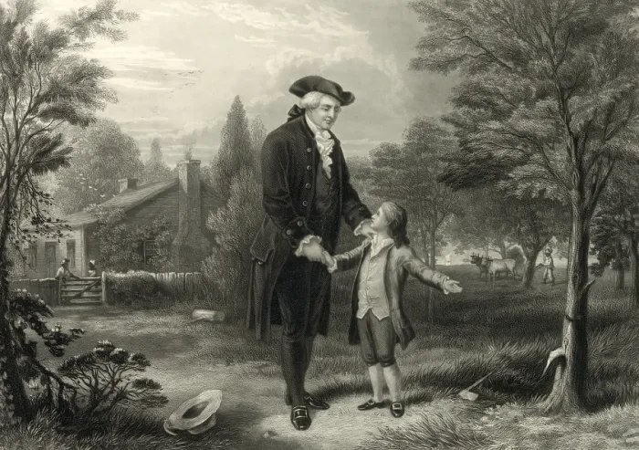 Framed Print : George Washington and the cherry tree. George Washington confesses to his father, Augustine Washington, engraving ca. 1846