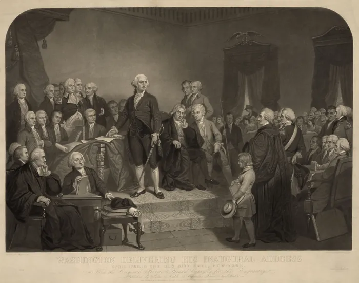Framed Print : George Washington delivering his inaugural address to Congress, April 1789. Mezzotint engraving after painting by H.S. Sadd (BSLOC_2016_14_114) Framed Print : George Washington delivering his inaugural address to Congress, April 1789. Mezzotint engraving after painting by H.S. Sadd (BSLOC_2016_14_114)