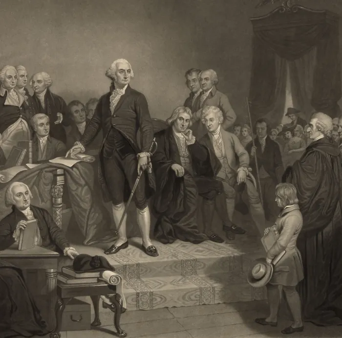 Framed Print : George Washington delivering his inaugural address to Congress, April 1789. Detail of mezzotint engraving after painting by H.S. Sadd (BSLOC_2016_14_115) Framed Print : George Washington delivering his inaugural address to Congress, April 1789. Detail of mezzotint engraving after painting by H.S. Sadd (BSLOC_2016_14_115)