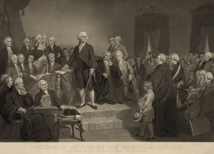 Framed Print : George Washington delivering his inaugural address to Congress, April 1789. The scene shows a few women in attendance. Mezzotint engraving after painting by H.S
