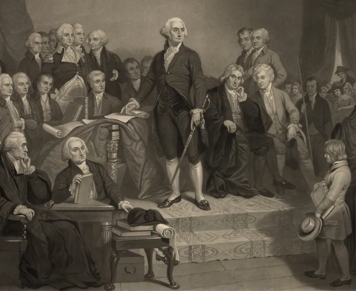 Framed Print : George Washington delivering his inaugural address to Congress, April 1789. Mezzotint engraving after painting by H.S. Sadd (BSLOC_2019_4_192) Framed Print : George Washington delivering his inaugural address to Congress, April 1789. Mezzotint engraving after painting by H.S. Sadd (BSLOC_2019_4_192)